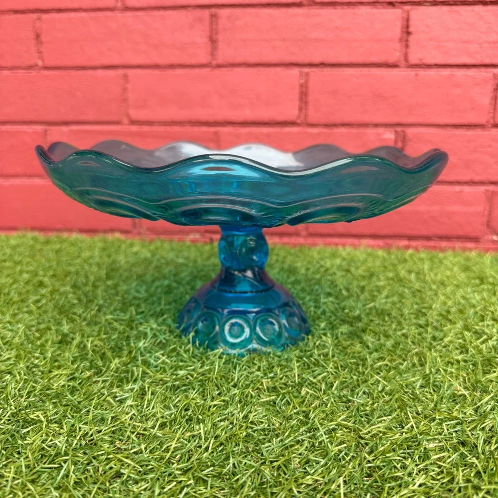 Vintage LE Smith Teal‎ Moon and Stars Glass Pedestal Cake Stand Candy Dish